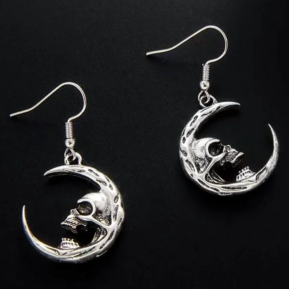Silver Angry Crescent Moon Drop Earrings - Picture 2 of 5